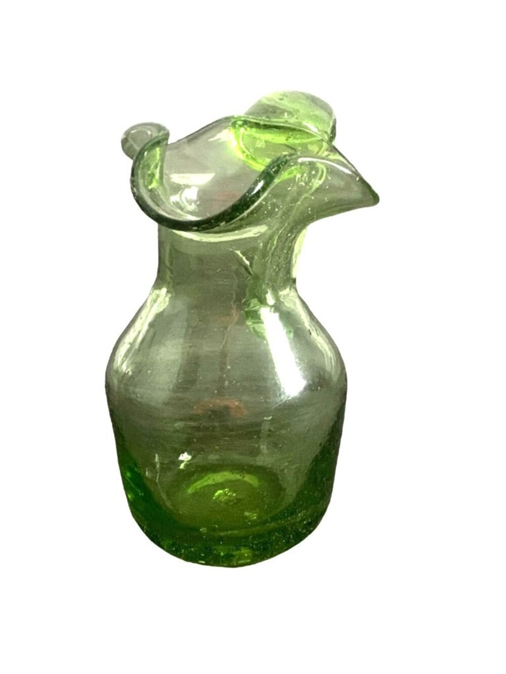 Vintage Small 5" Hand Blown Fancy Green Art Glass Pitcher-Bubble Detail-GUC - Picture 2 of 7